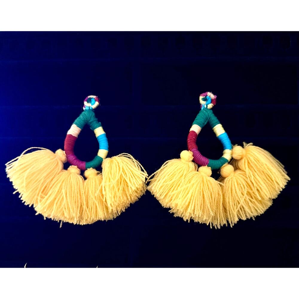 All Things Mochi Hallu Yellow Tassel Statement Hoop Earrings Boho Fringe